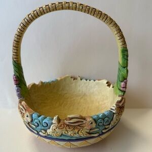 Jim Shore Heartwood Creek Easter Basket Bunny Rabbits Floral Motif Resin.